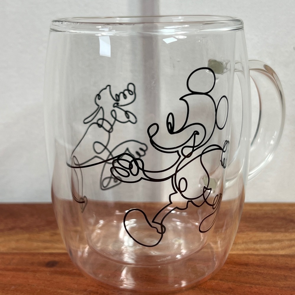 Disney JoyJolt Mickey Mouse Pluto Double Wall Glass Coffee Mug Clear Line Art